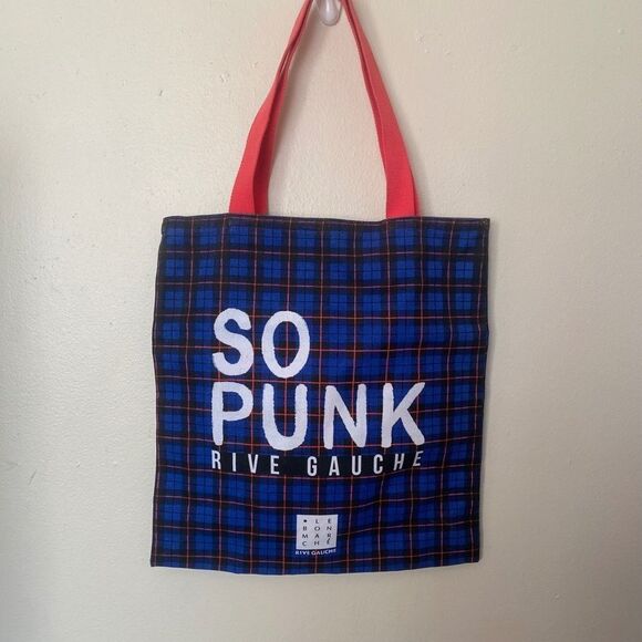 Le Bon Marché Rive Gauche Paris Plaid Canvas Tote Bag - Picture 4 of 4